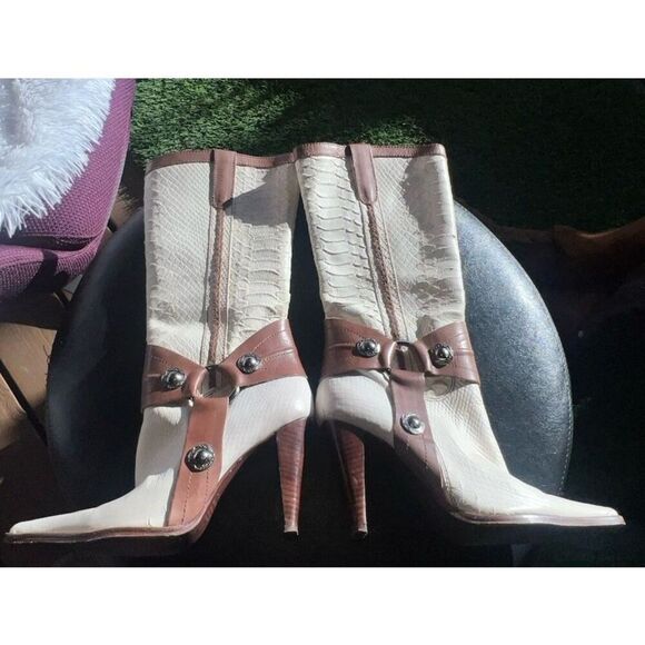 Schutz Womens Ivory With Brown leather Riding Boots Strap Buckle Boot SZ 7 B - Picture 4 of 16